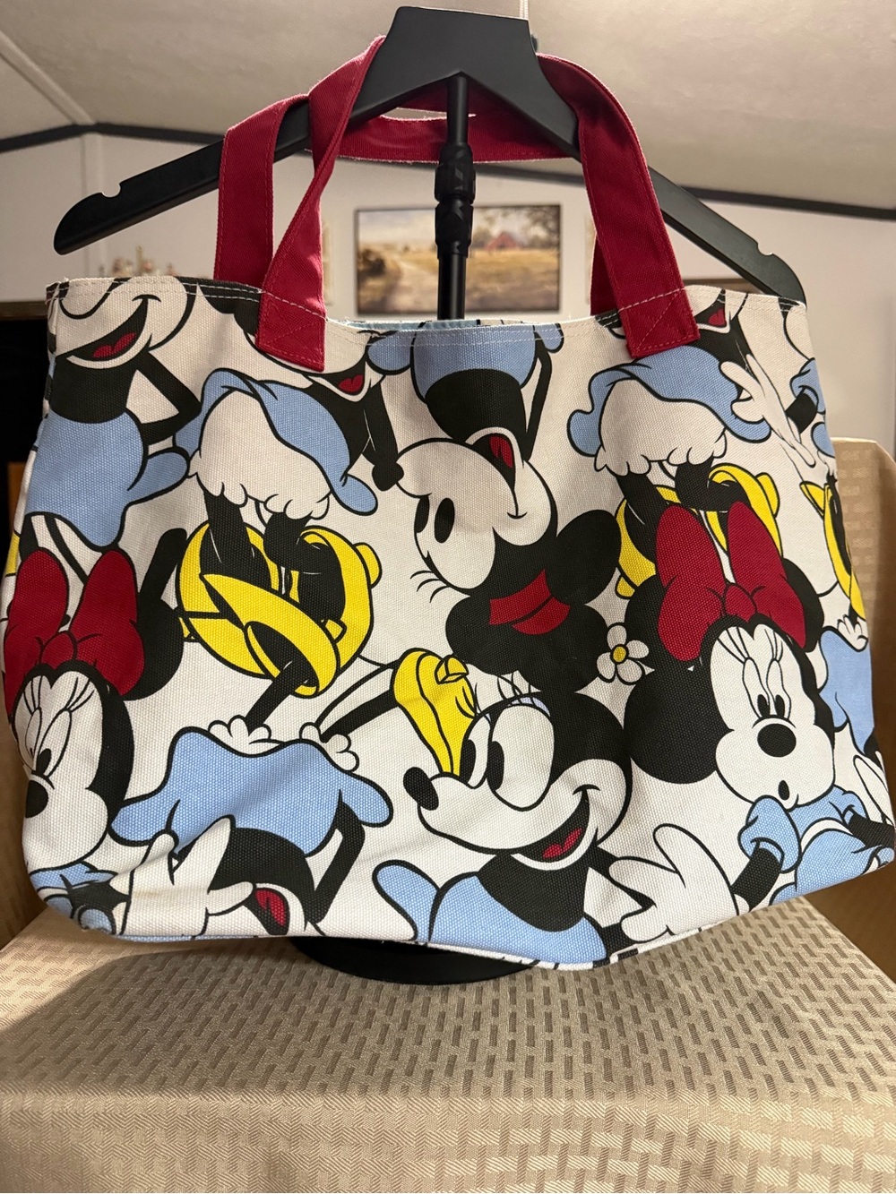 Disney Canvas Tote Bag with Red Handles and Multi-Character Print